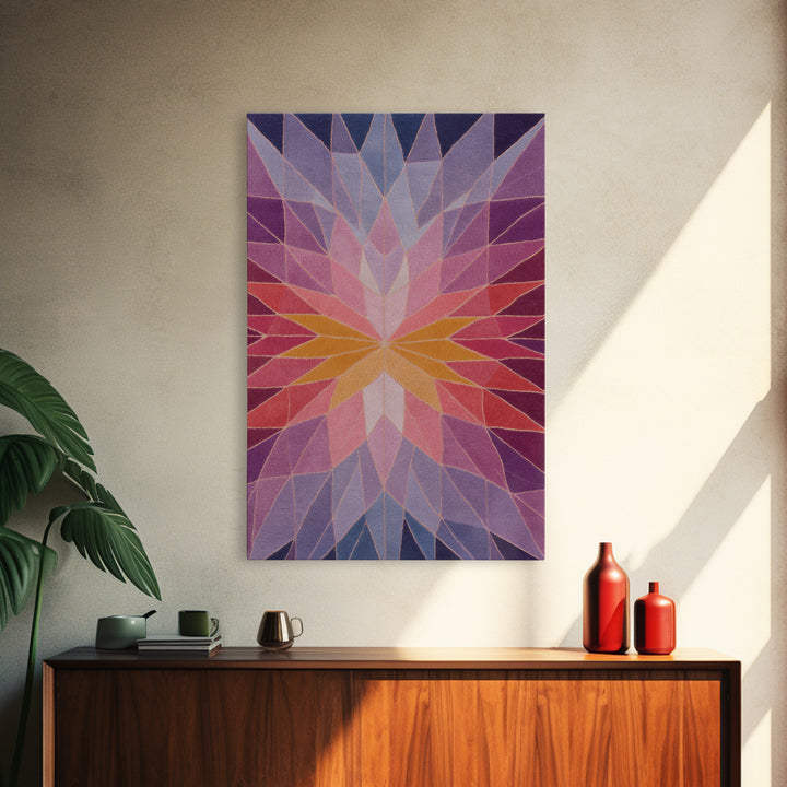 Pink Orange Faceted Star Flower Canvas Print, Midcentury Modern Abstract Art, Geometric Wall Decor For Bedroom Living Room