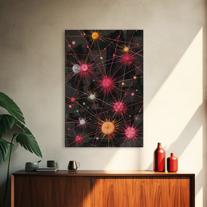 Atomic Pink Orange Network Wall Art, Midcentury Modern Abstract Print, Space Age Geometric Decor For Living Room Home Office
