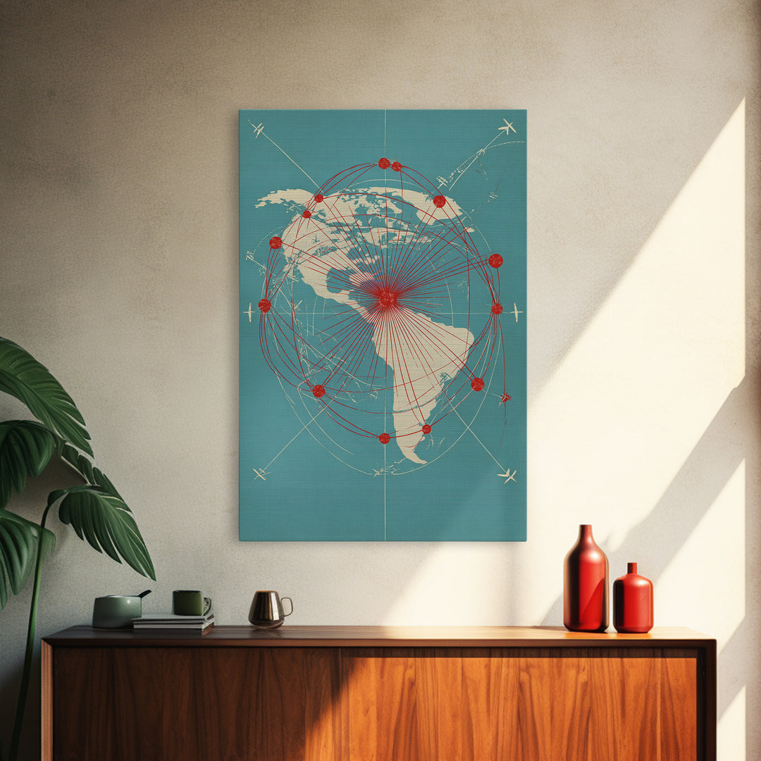Retro Americas Flight Route Map Canvas Print, Midcentury Modern Travel Wall Decor, Teal Red Atomic Aviation Poster For Office