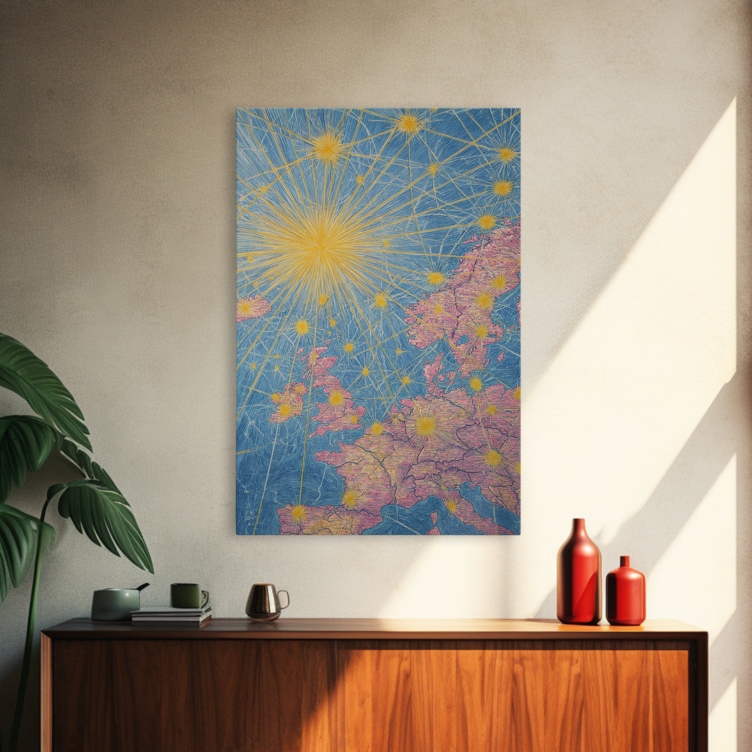 Europe Flight Route Map Canvas Print, Midcentury Modern Travel Wall Decor, Blue Pink Atomic Aviation Poster For Office Living Room