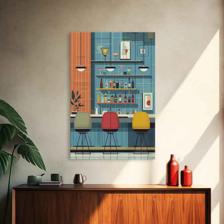 Colorful Retro Cocktail Bar With Three Chairs Canvas Print, Midcentury Modern Wall Decor, Bar Cart Art, Kitchen Poster Gift
