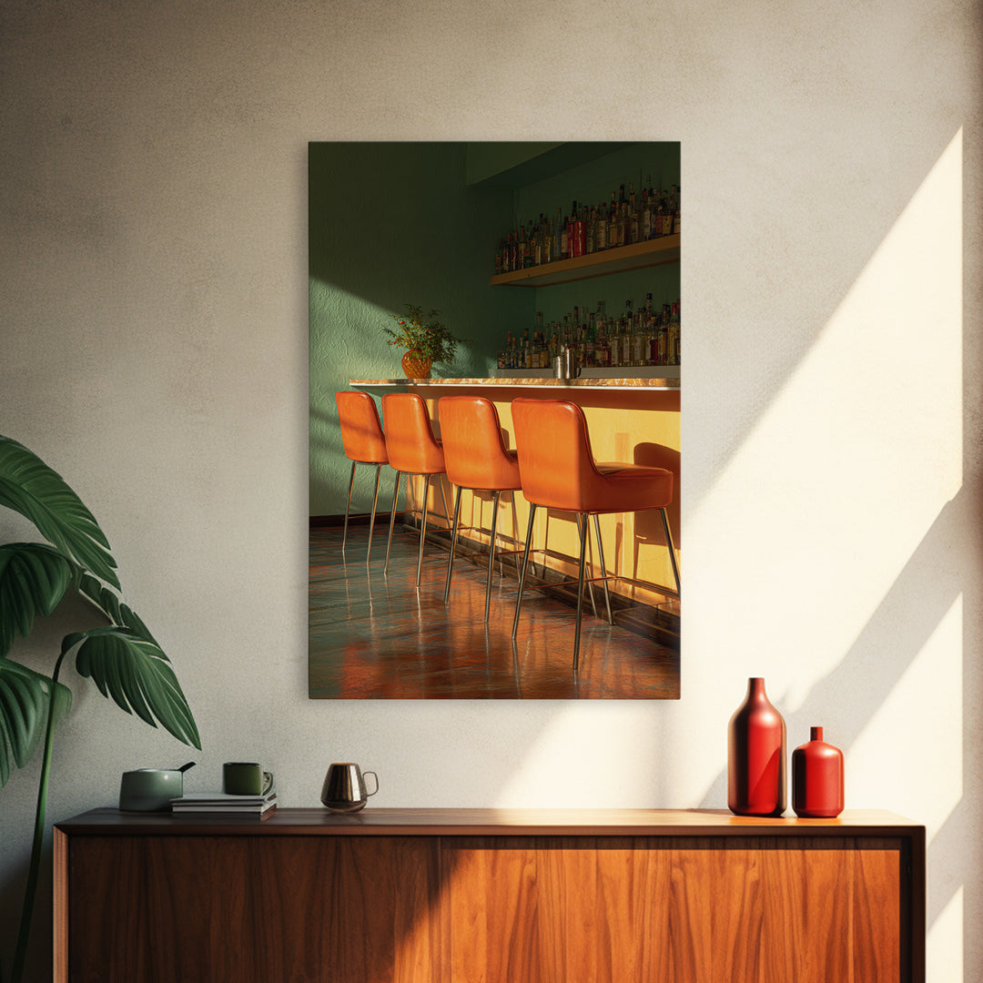 Green And Orange Sunlit Cocktail Bar With Stools Canvas Print, Midcentury Modern Wall Art, Retro Decor, Warm Lounge Poster