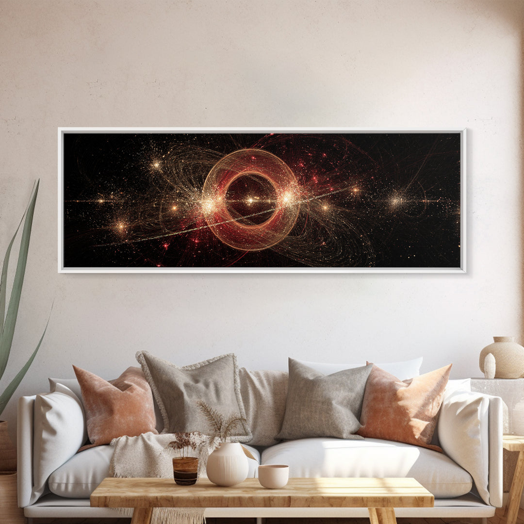 Glowing Cosmic Ring With Gold Sparks Wall Art, Abstract Space Poster, Modern Wall Decor, Galaxy Print, Black Red Home Decor