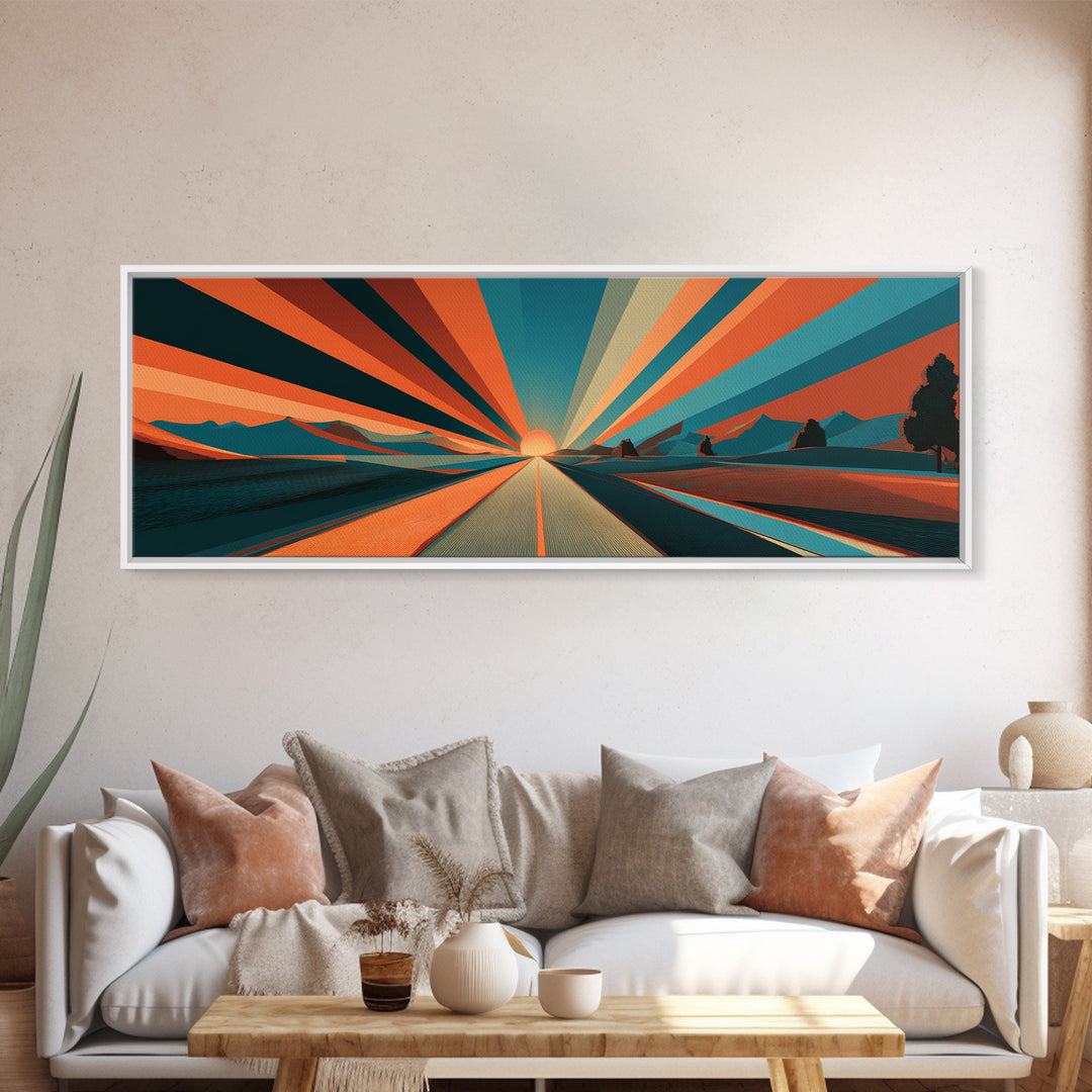 Retro Desert Road Sunburst Canvas Print, Midcentury Modern Wall Art, Orange Teal Landscape Poster, Palm Springs Decor Gift