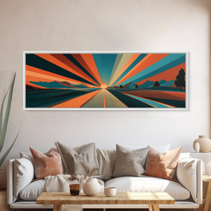 Retro Desert Road Sunburst Canvas Print, Midcentury Modern Wall Art, Orange Teal Landscape Poster, Palm Springs Decor Gift