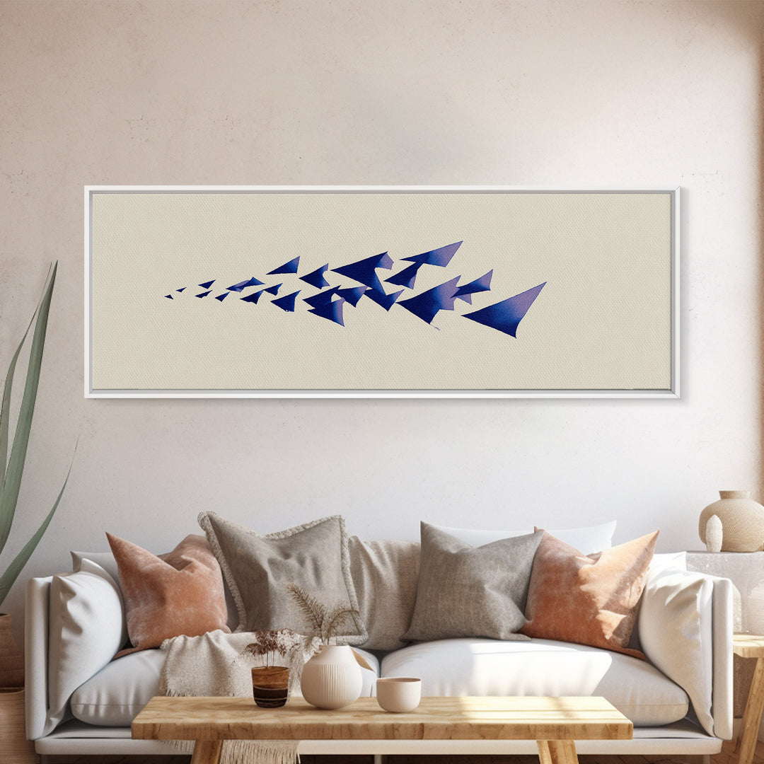 Blue Triangle Flock Abstract Canvas Print, Midcentury Modern Art, Geometric Shapes Art, Minimalist Wall Art, Modern Decor