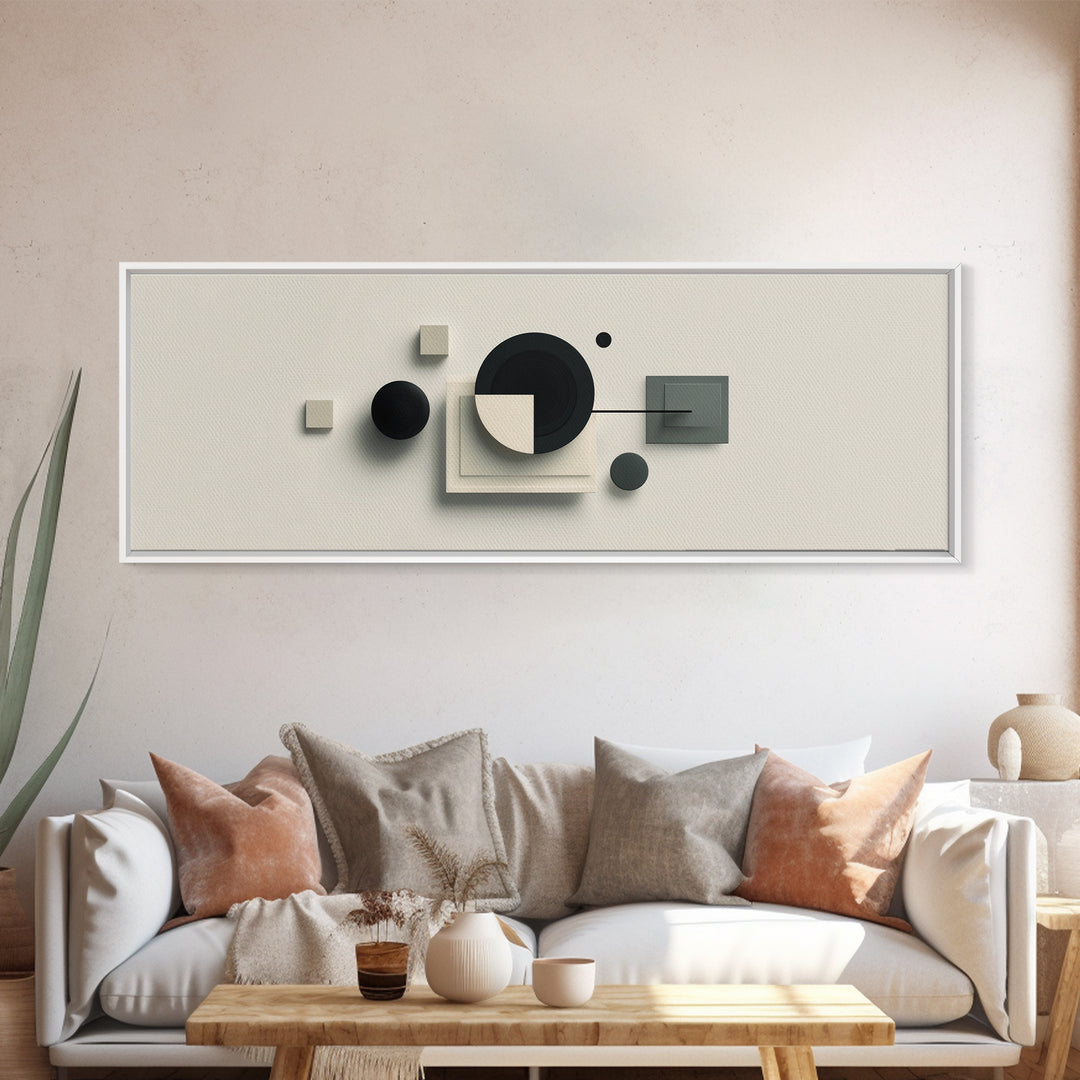 Neutral Three Dimensional Geometric Circles Framed Canvas Print, Midcentury Modern Art, Abstract Decor Art, Modern Home Decor, Office Art