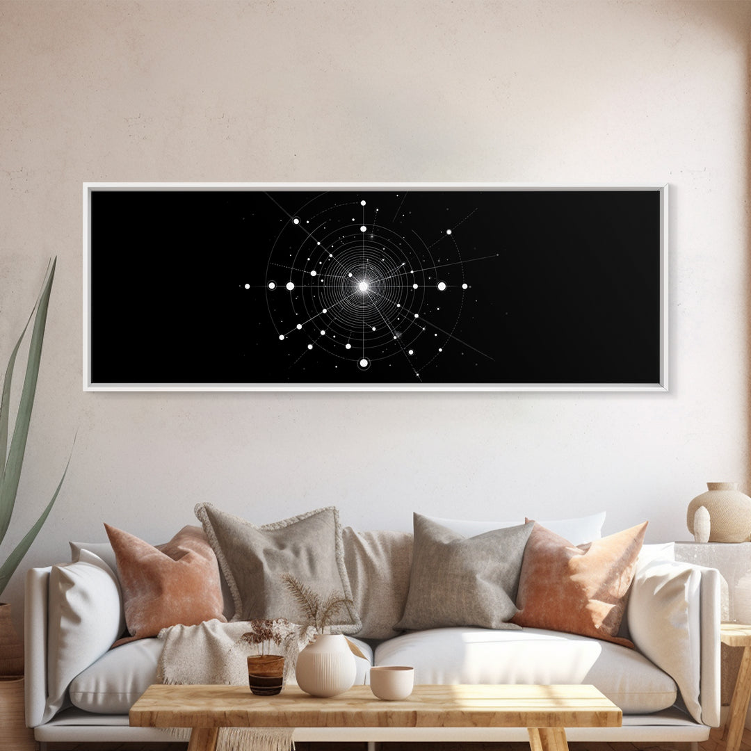 White Orbital Radar Circles Wall Art, Midcentury Modern Art, Atomic Retro Poster, Geometric Abstract Art, Black Science Decor