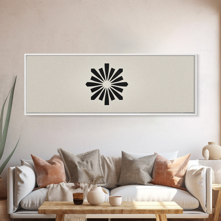 Black Radial Sunburst On Beige Canvas Print, Mid Century Modern Art, Atomic Retro Poster, Minimalist Geometric Wall Decor