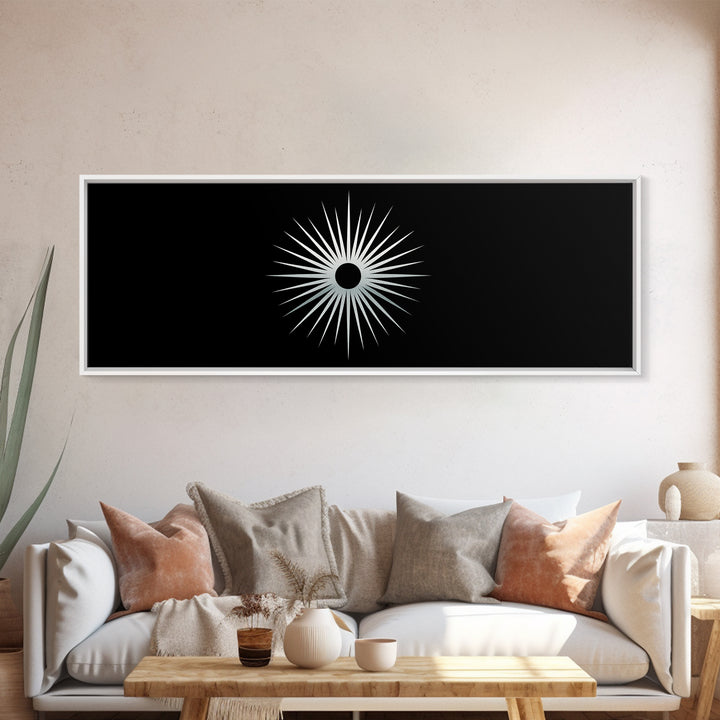 White Solar Eclipse Starburst Wall Art, Mid Century Modern Print, Black Retro Abstract Poster, Atomic MCM Wall Decor, Minimalist Art