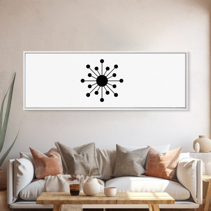 Black Atomic Orb And Dots Framed Canvas Print, Mid Century Modern Art, Retro Geometric Poster, Minimalist MCM Decor, Wall Art