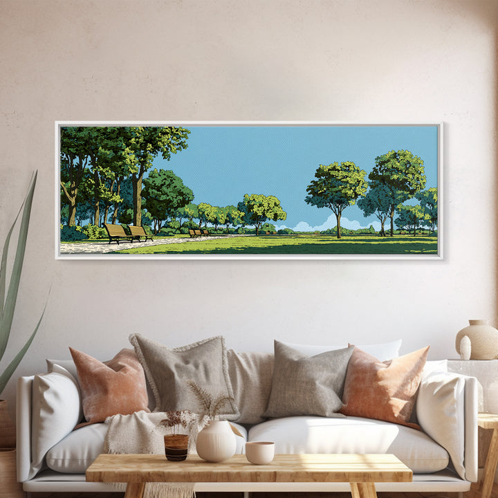 Sunny Green Park With Benches Wall Art, Mid Century Modern Landscape Print, Nature Wall Decor, Scenic Living Room Art, Office Decor
