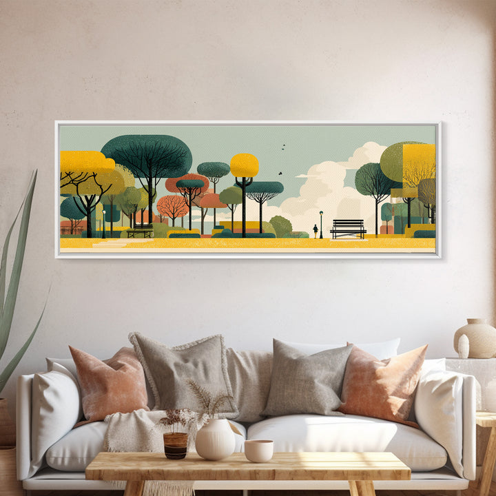 Autumn Modern Park With Benches Canvas Print, Mid Century Modern Art, Scandinavian Landscape Poster, Colorful Nature Decor