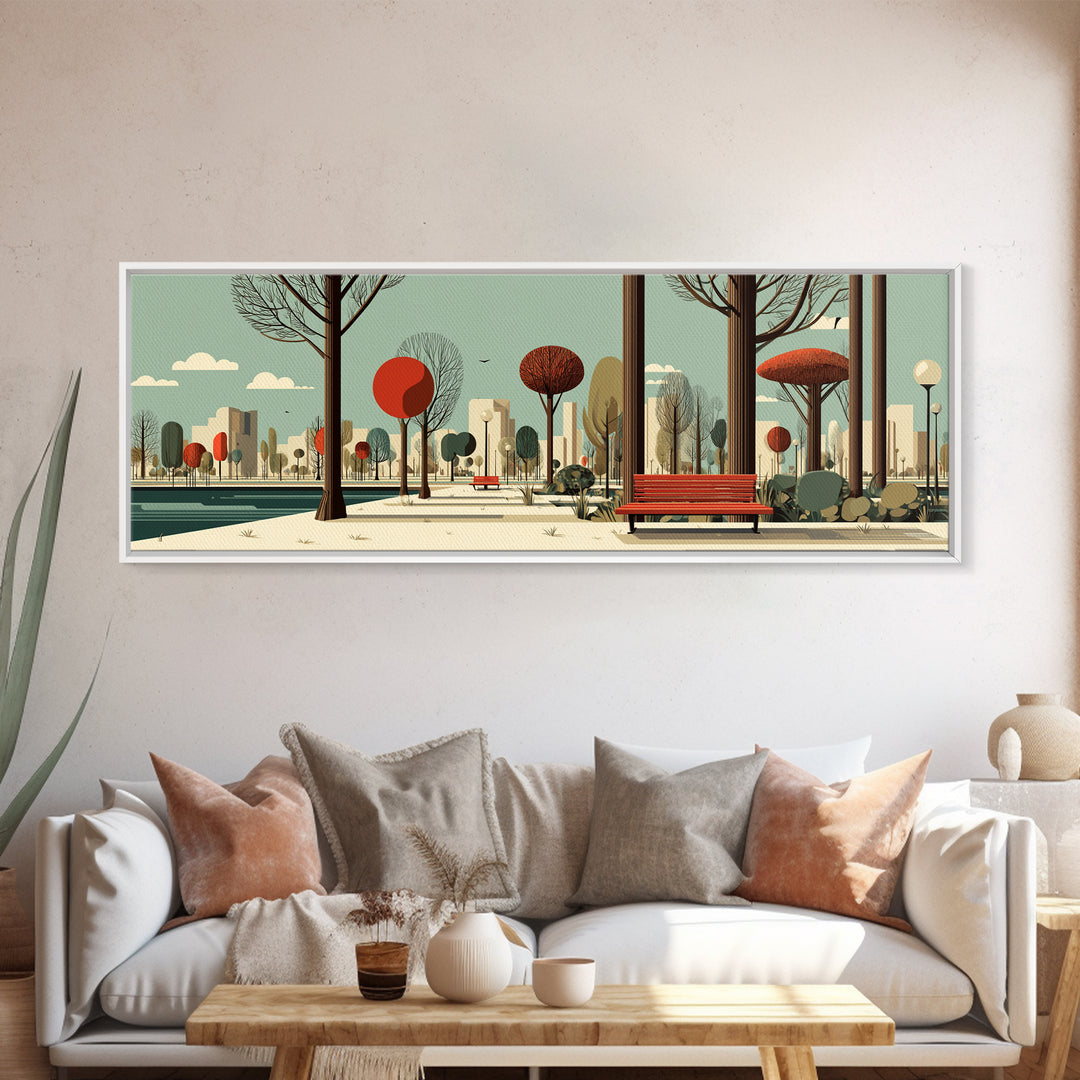 Red Bench City Park In Autumn Wall Art, Mid Century Modern Landscape Print, Retro Urban Poster, Colorful Living Room Decor