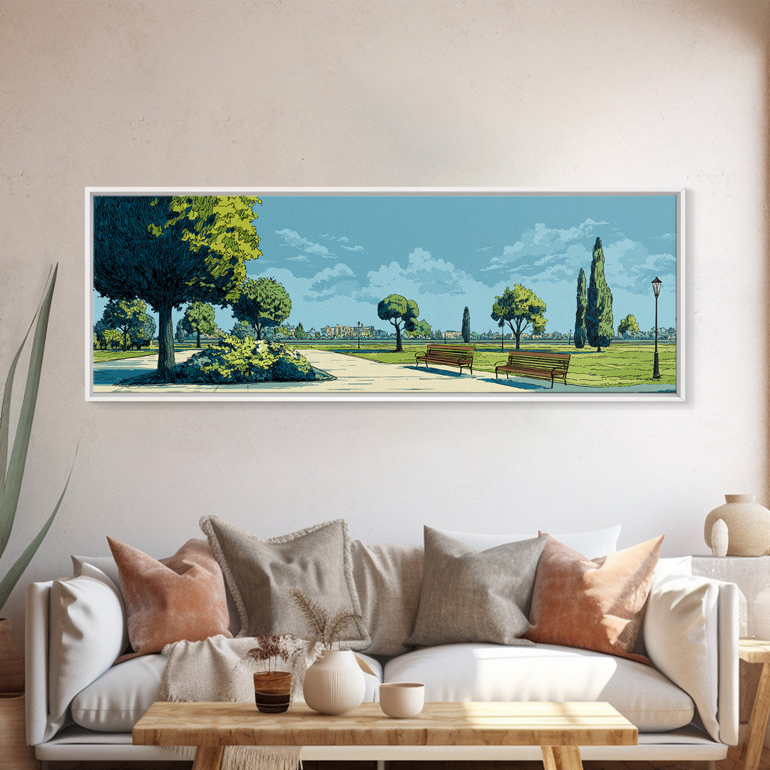 Blue Lakeside Park With Benches Wall Art, Mid Century Modern Landscape Print, Scenic Nature Poster, Home Office Wall Decor