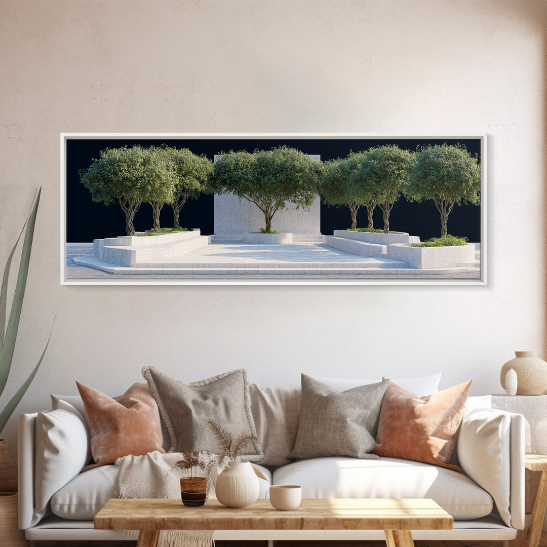 Mediterranean Olive Tree Courtyard Framed Canvas Print, Modern Wall Art, Architectural Landscape, Minimalist Home Decor Art