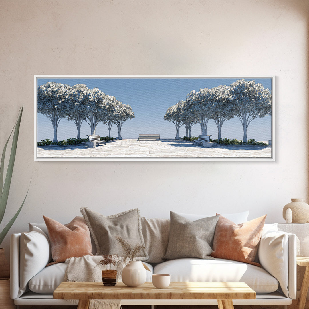 Symmetrical Winter Tree Promenade Canvas Print, Modern Wall Art, Scandinavian Landscape, Blue White Minimalist Wall Decor