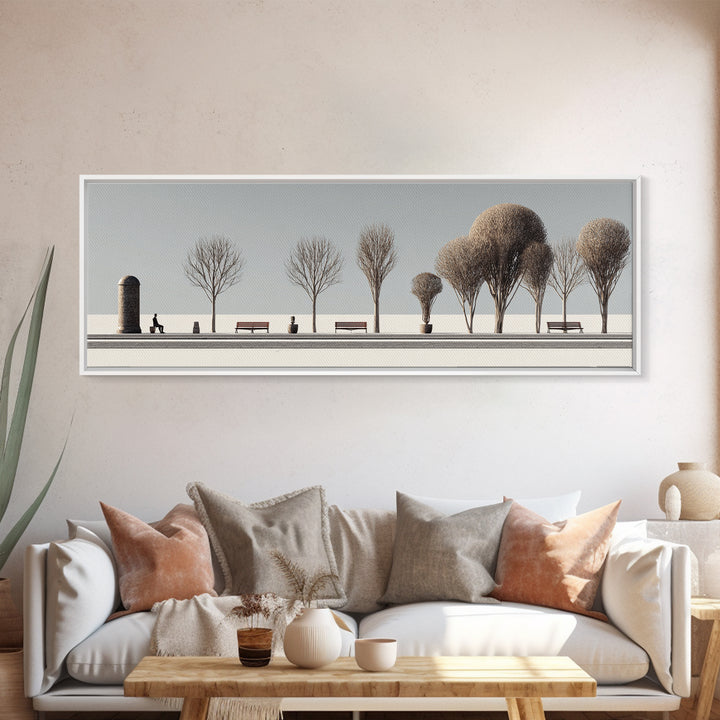 Minimal Winter Promenade With Bare Trees And Benches Wall Art, Modern Landscape Print, Scandinavian Decor, Office Art, Home Decor