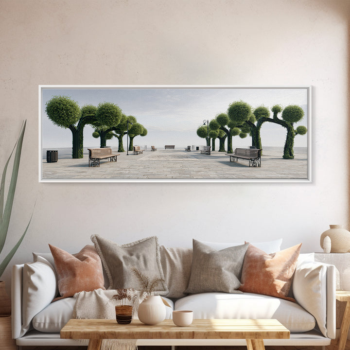 Coastal Boardwalk With Sculpted Green Trees And Benches Framed Canvas Print, Modern Wall Art, Beach House Decor Landscape