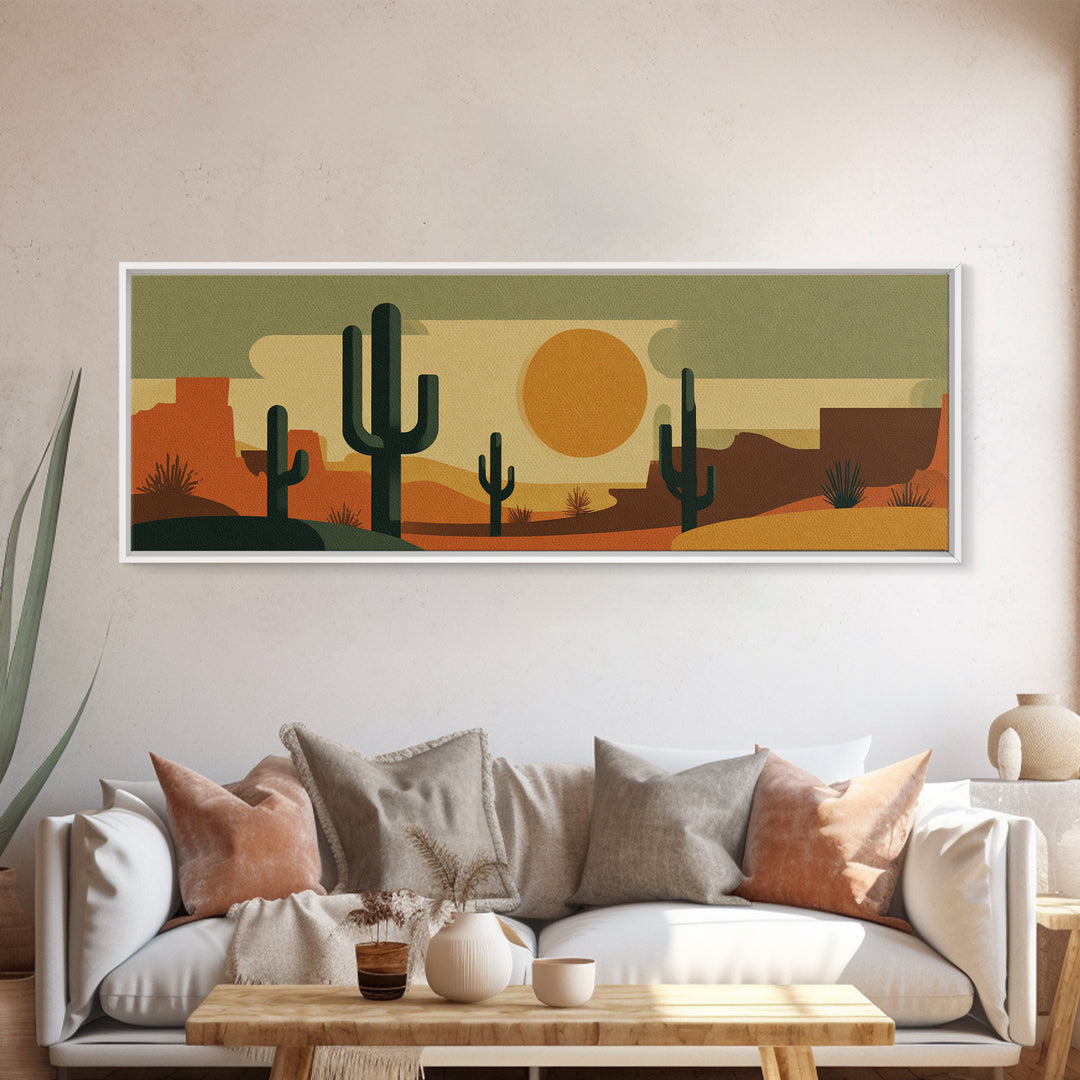 Retro Desert Cactus Scene With Orange Sun And Mesas Canvas Print, Mid Century Modern Wall Art, Southwest Decor Poster Print