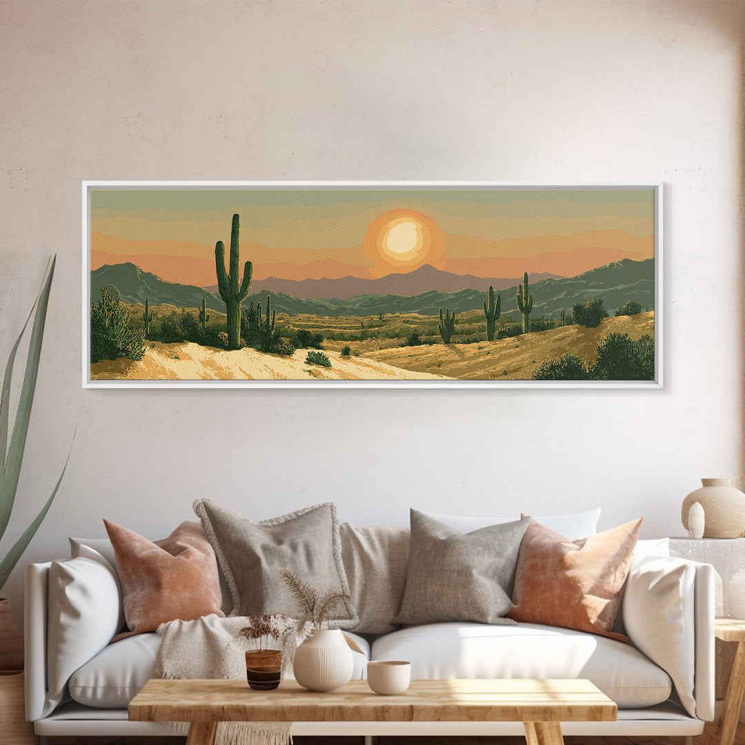Golden Desert Valley Sunset With Saguaros And Mountains Wall Art, Southwest Landscape Print, Midcentury Modern Home Decor