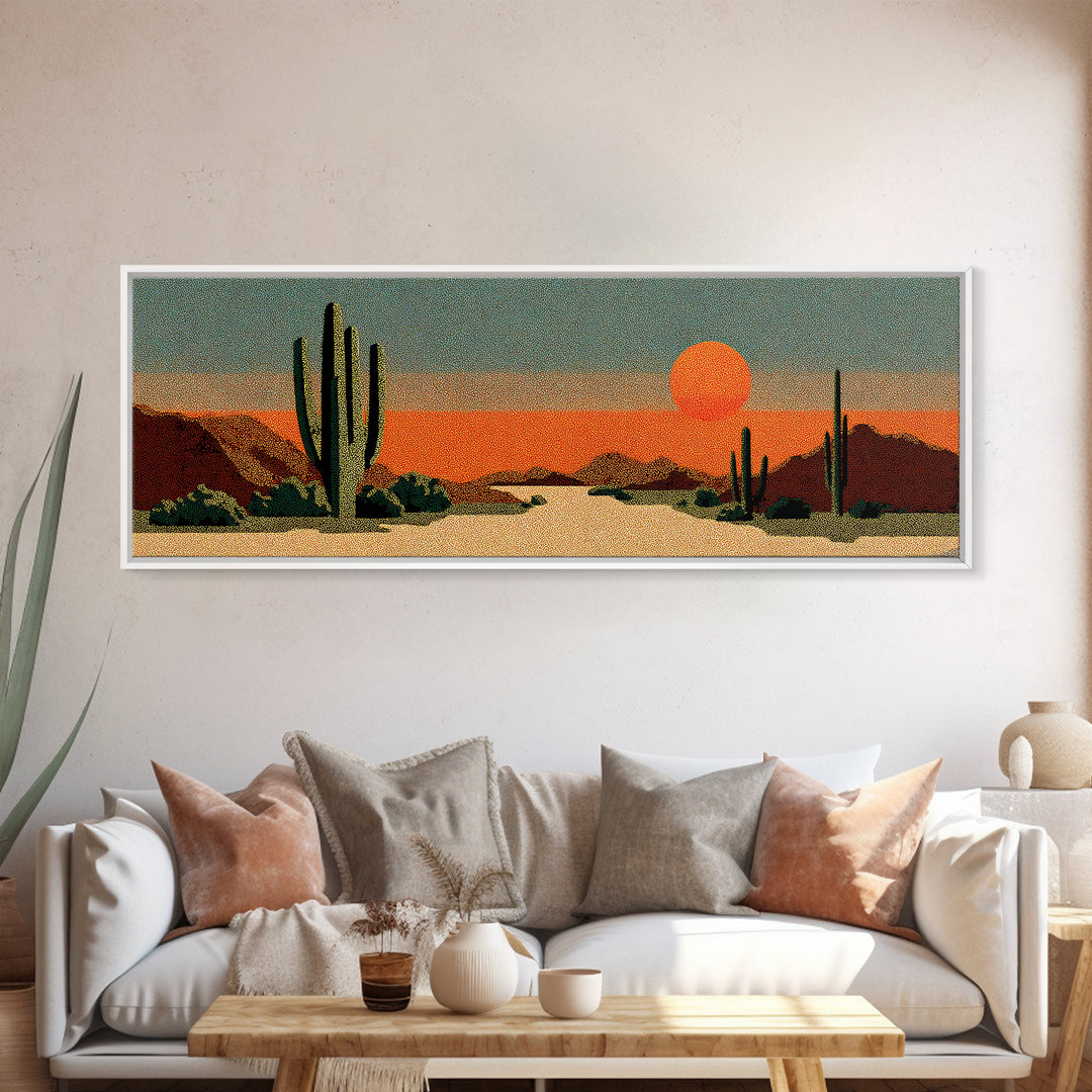 Textured Saguaro Desert With Orange Sun And Rust Mountains Canvas Print, Retro Wall Art, Midcentury Modern Southwest Decor