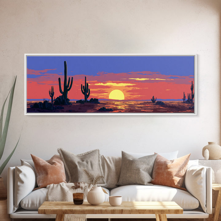 Purple Desert Sunset With Tall Saguaro Cacti And Low Sun Framed Canvas Print, Retro Wall Art, Colorful Southwest Home Decor