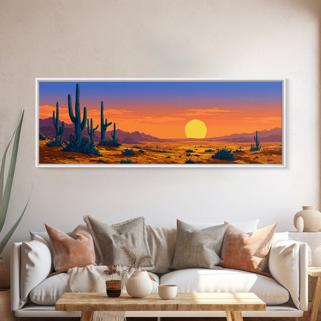 Vibrant Desert Sunset With Blue Cacti And Golden Sky Wall Art, Retro Art Print, Colorful Southwest Living Room Decor Poster