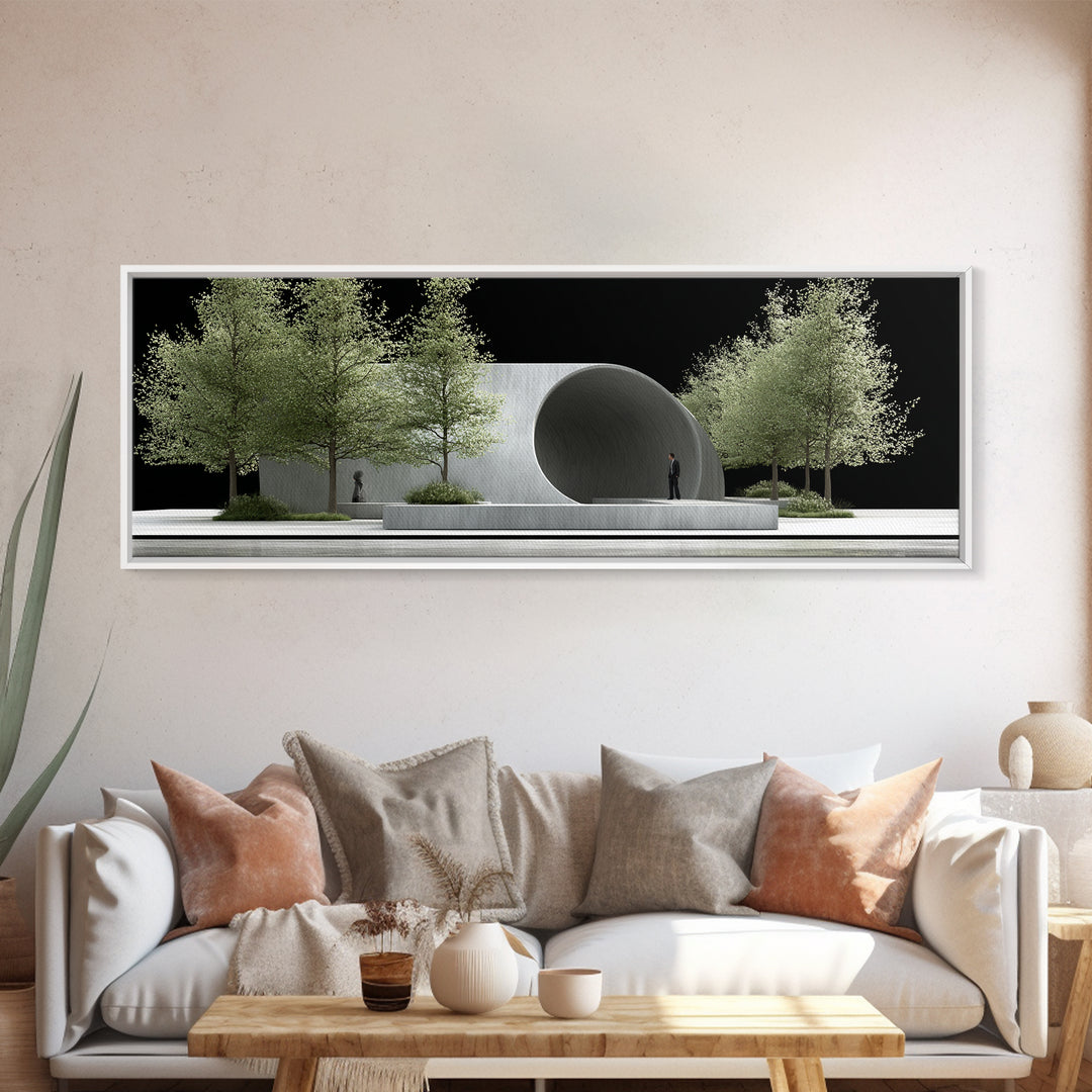 Concrete Circular Pavilion With Silver Trees And Black Sky Framed Canvas Print, Modern Architecture Wall Art, Office Decor