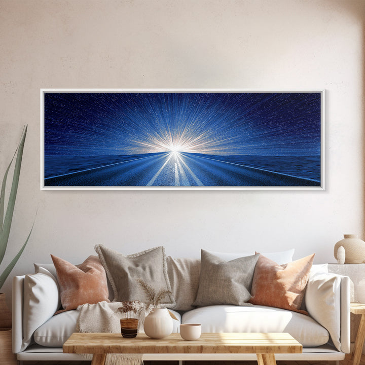 Starry Blue Highway Horizon Framed Canvas Print, Cosmic Retro Wall Art, Modern Digital Art, Space Abstract Decor For Living Room