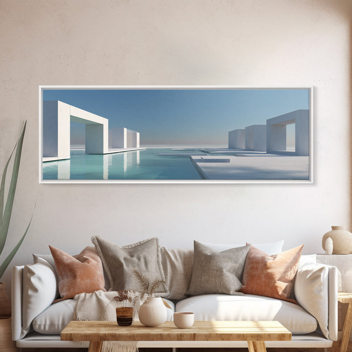 Minimal White Geometric Seaside Architecture With Blue Pool Wall Art, Modern Coastal Print, Luxury Home Decor, Office Art