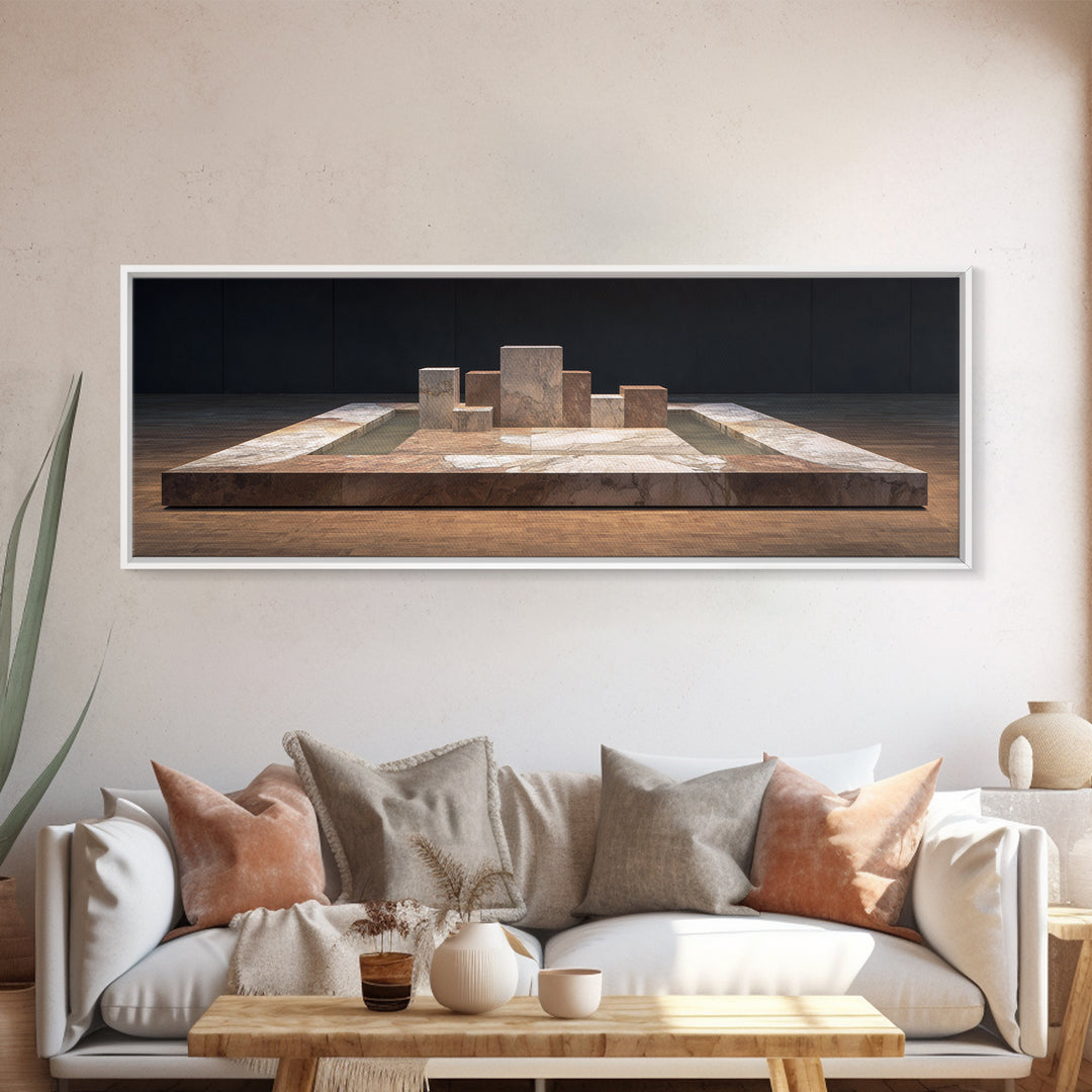 Modern Stone Geometric Platform Wall Art, Midcentury Modern Abstract Canvas, Architectural Decor, Neutral Gallery Print Gift