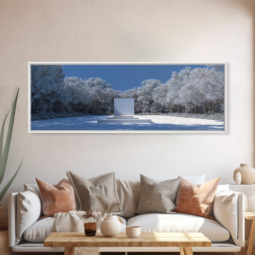 Snowy Minimal Monument Wall Art, Winter Forest Landscape Canvas, Blue White Modern Home Decor, Serene Scandinavian Print
