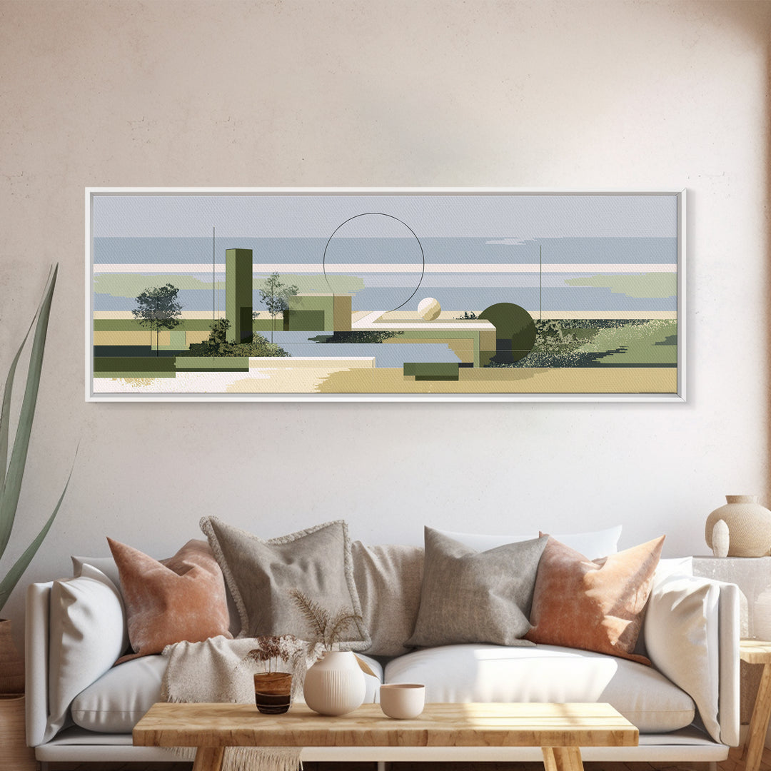 Midcentury Coastal Architecture Wall Art, Olive Green Geometric Landscape, Modern Abstract Decor, Minimalist Canvas Print