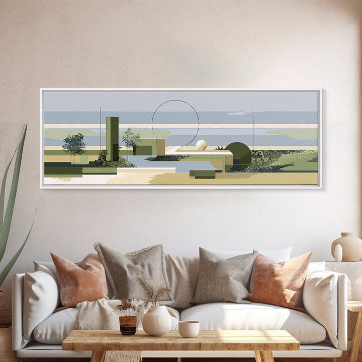 Midcentury Coastal Architecture Wall Art, Olive Green Geometric Landscape, Modern Abstract Decor, Minimalist Canvas Print
