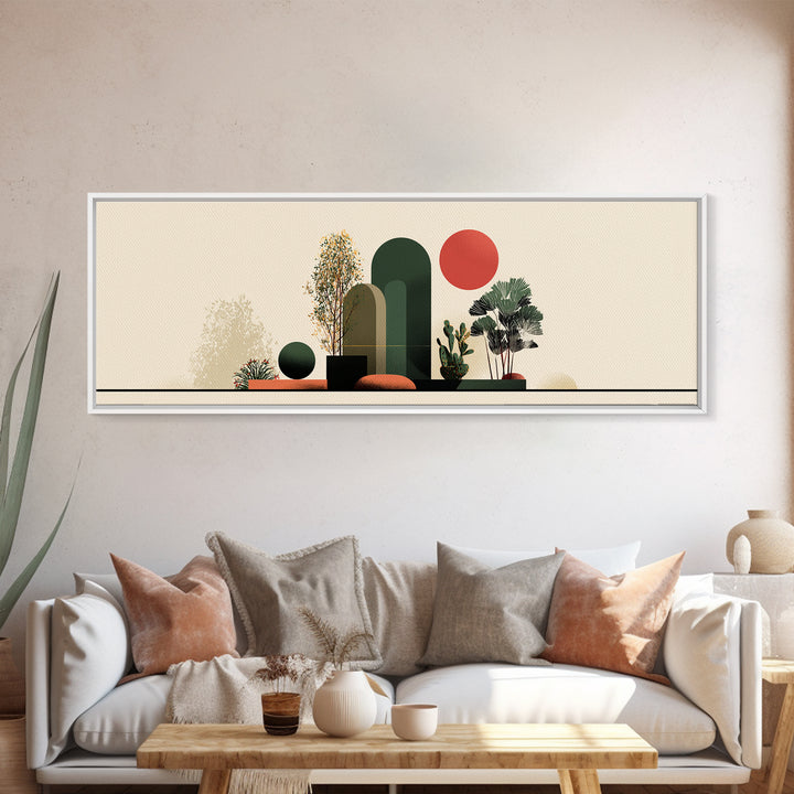 Abstract Botanical Still Life Wall Art, Red Sun And Green Arches, Midcentury Modern Decor, Boho Scandinavian Canvas Print