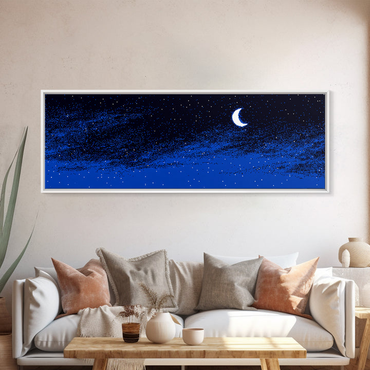Blue Starry Crescent Moon Wall Art, Night Sky Celestial Canvas, Minimal Modern Decor, Boho Nursery Bedroom Art Print Gift