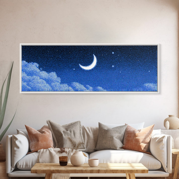 Glowing Crescent Moon And Cloud Wall Art, Blue Starry Sky Canvas, Mystical Celestial Decor, Boho Nursery Bedroom Art Print Gift