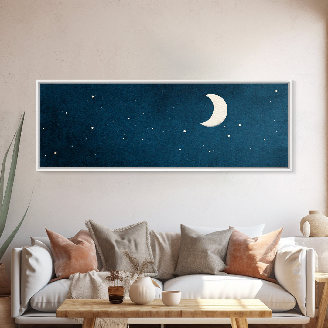 Textured Teal Crescent Moon Wall Art, Starry Night Sky Canvas, Minimalist Celestial Decor, Modern Bedroom Art Print Gift