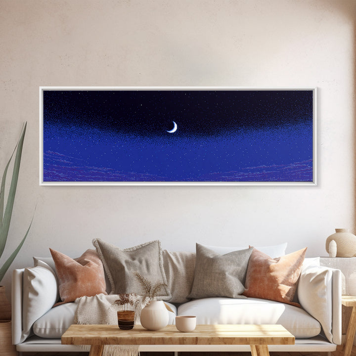Purple Blue Crescent Moon Wall Art, Starry Horizon Night Sky Canvas, Cosmic Retro Decor, Boho Celestial Bedroom Art Print