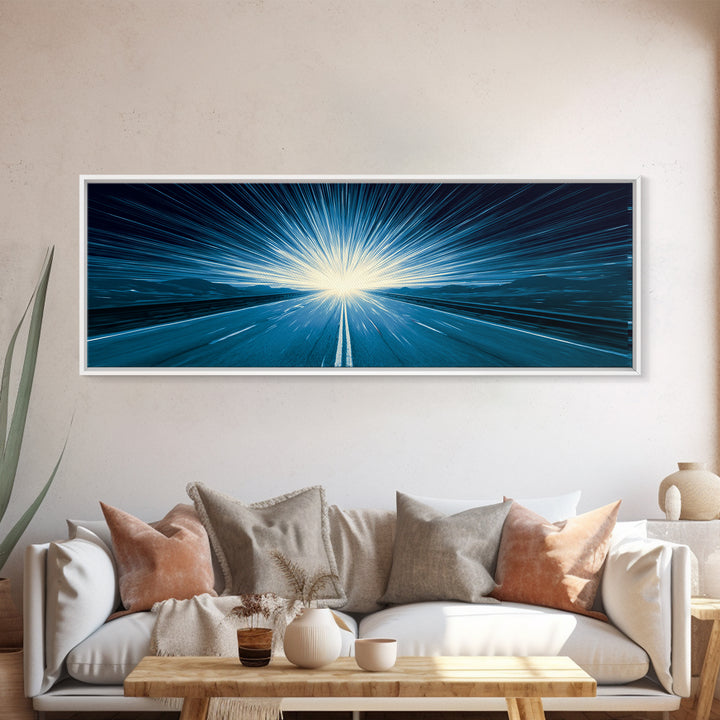 Electric Cyan Light Burst Canvas Print, Sci Fi Retro Wall Art, Modern Abstract Art, Blue Geometric Decor For Office Or Game Room
