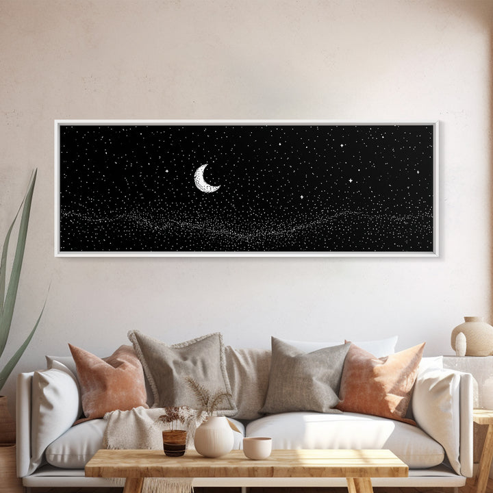 Black Starfield Crescent Moon Wall Art, White Stars Night Sky Canvas, Minimal Celestial Decor, Modern Bedroom Art Print Gift