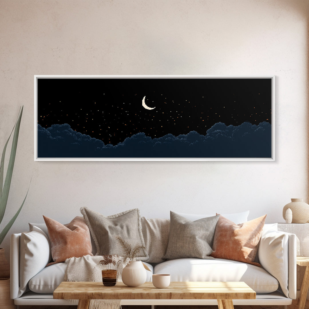 Crescent Moon Starry Night Clouds Wall Art, Pixel Landscape Print, Dark Blue Celestial Decor, Bedroom Office Poster Gift