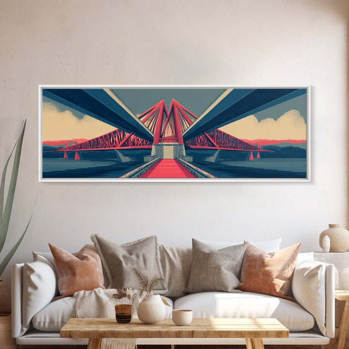 Red Suspension Bridge At Sunset Canvas Print, Midcentury Modern Wall Decor, Architectural Landscape, Retro Travel Poster