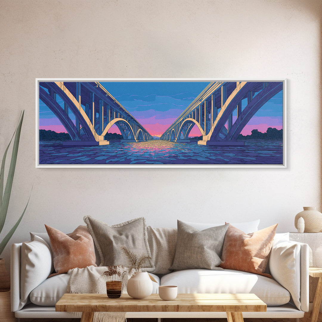 Blue Arch Bridge Sunset Wall Art, Panoramic River Cityscape Print, Modern Architectural Decor, Pink Purple Skyline Poster