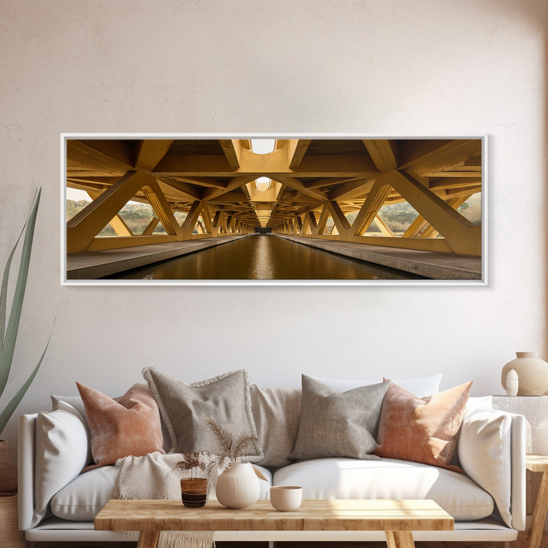 Golden Canal Under Bridge Canvas Print, Symmetrical Architecture Wall Art, Warm Industrial Decor, Modern Perspective Poster