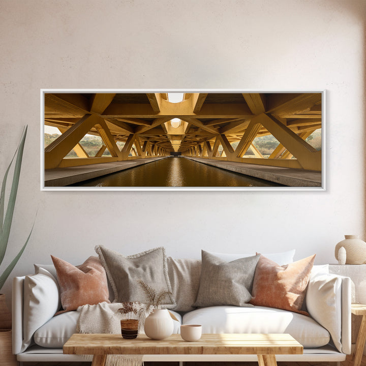 Golden Canal Under Bridge Canvas Print, Symmetrical Architecture Wall Art, Warm Industrial Decor, Modern Perspective Poster