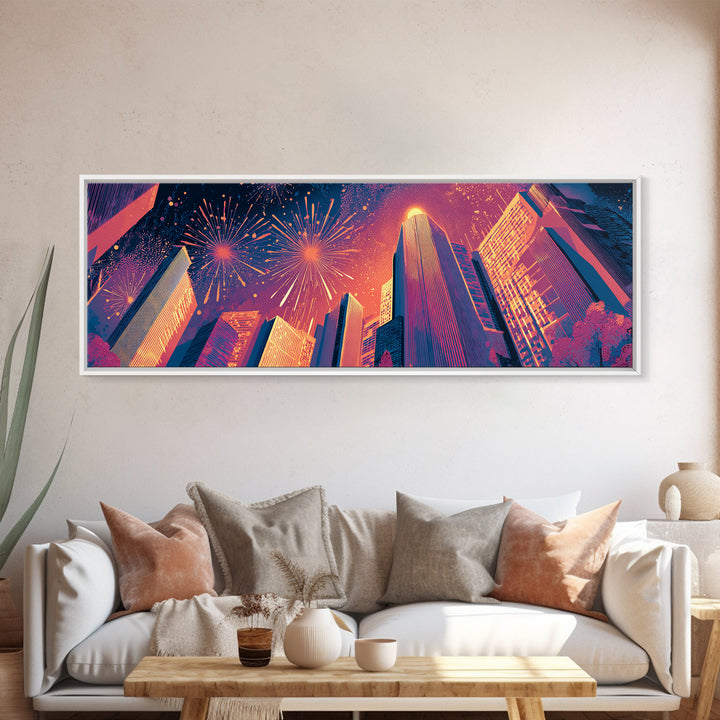 Fireworks Over Skyscrapers Canvas Print, Neon City Night Wall Art, Retro Futuristic Urban Decor, Bold Architecture Poster