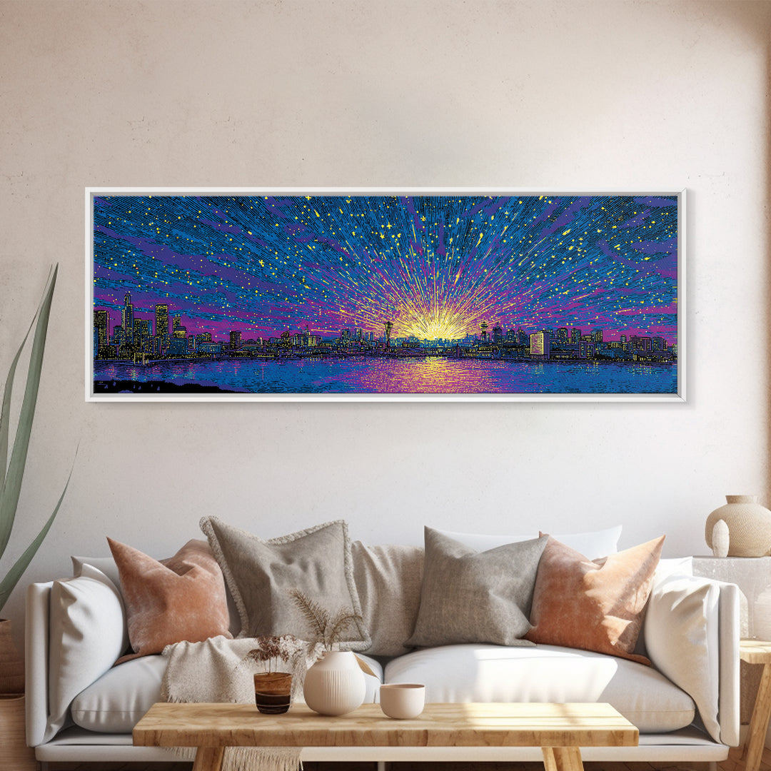 Cosmic Harbor Skyline Sunset Wall Art, Starburst Cityscape Print, Vibrant Blue Purple Decor, Modern Panoramic Poster Gift