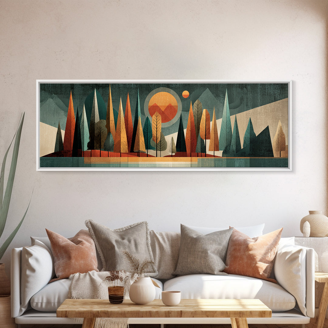 Textured Midcentury Forest Sun Wall Art, Orange Teal Landscape, Atomic Modern Art Print, Retro Home Decor For Living Room